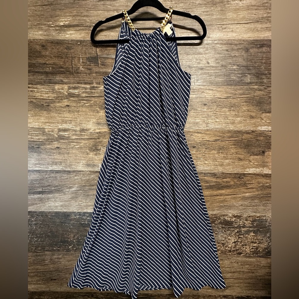 Michael Kors Blue and White Striped Sleeveless Halter Sundress Gold Accent